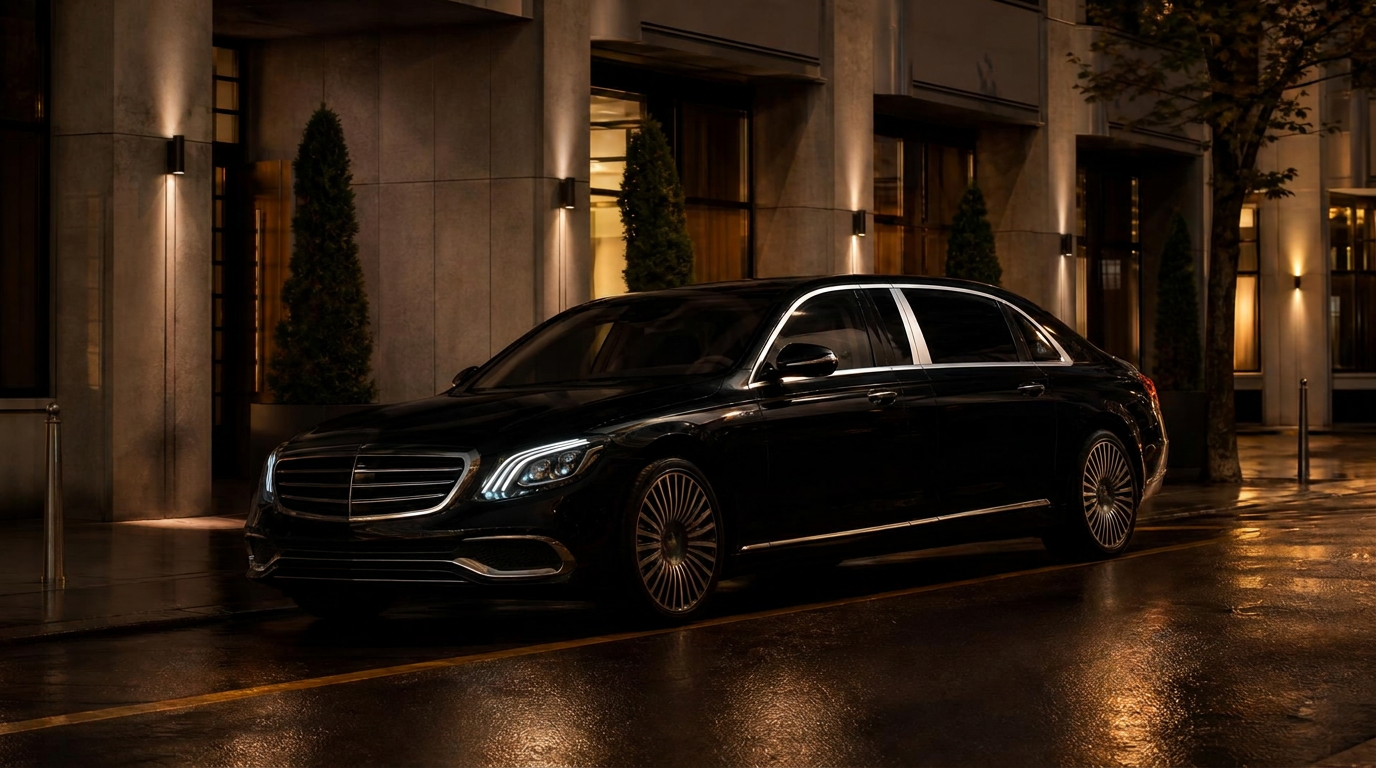 Black Mercedes limousine outside a luxury hotel in Geneva
